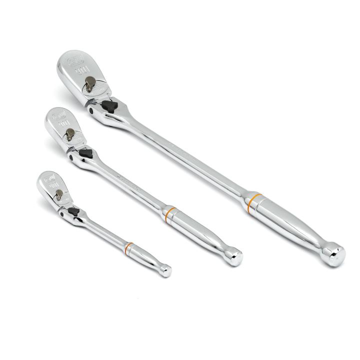 Image of 3 Pc. 1/4", 3/8" and 1/2" 90-Tooth Locking Flex Head Teardrop Ratchet Set - GW