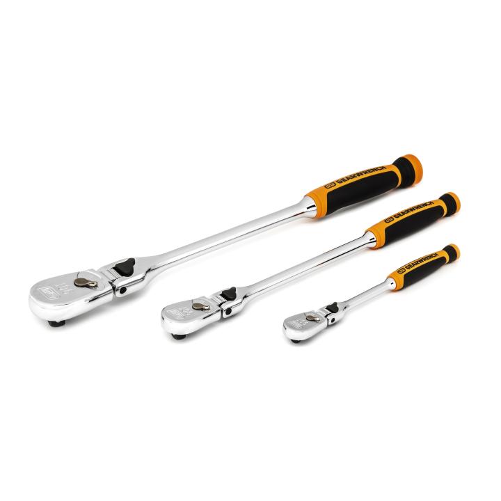 Image of 3 Pc. 1/4", 3/8" and 1/2" Drive 90-Tooth Dual Material Locking Flex Head Ratchet Set - GW