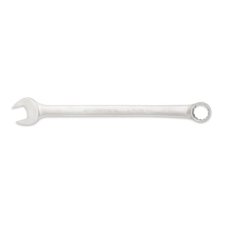 Image of the GEARWRENCH  1-5/8" 12 Point Long Pattern Satin Combination Wrench with the open end towards the left side and the boxed towards the right side on a white background.