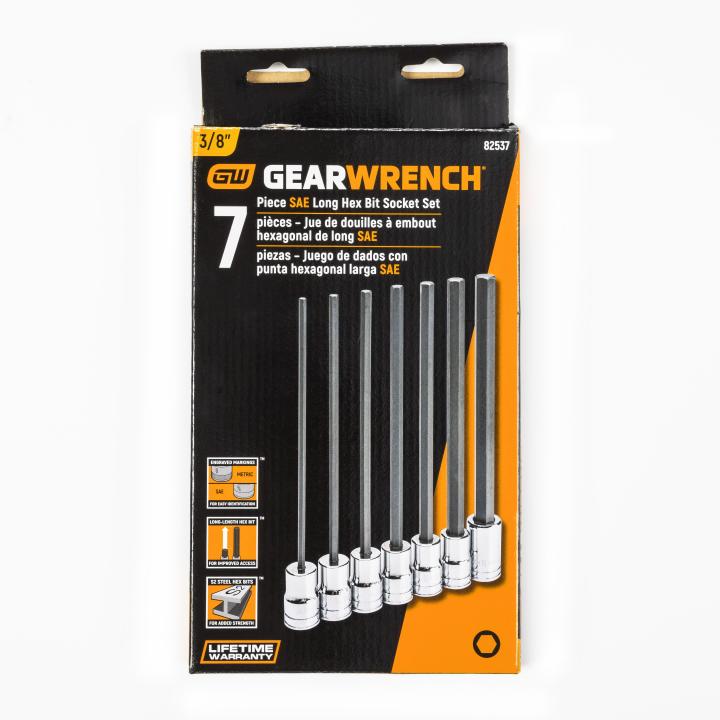 Image of 7 Pc. 3/8" Drive Long Length SAE Hex Bit Socket Set - GearWrench