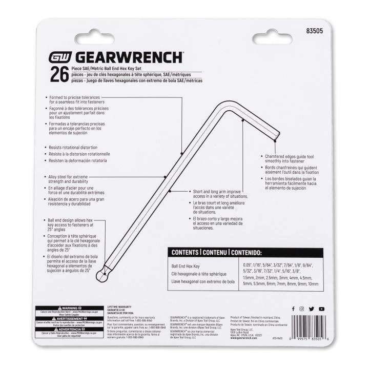 Image of 26-Key SAE/Metric Ball End Long Arm Hex Key Set - GW