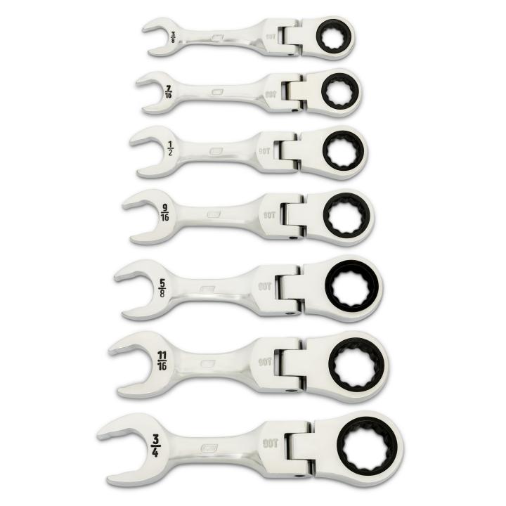 7 Piece 90 Tooth 12 Point SAE Stubby Flex Ratcheting Combination Wrench Set Gearwrench