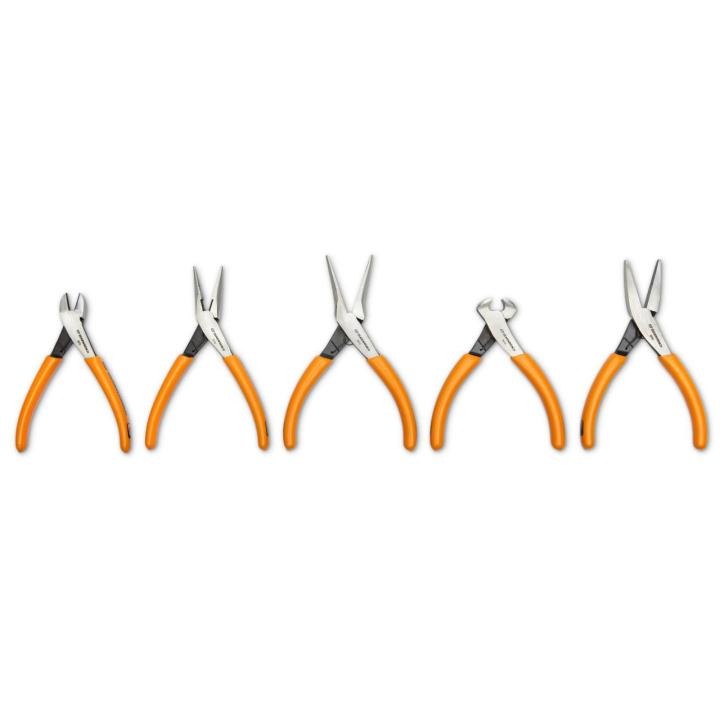 GEARWRENCH 89730 5 piece set of Precision Mini Pliers, each featuring molten orange handles and polished steel jaws, neatly arranged in a row on a white background including diagonal cutting, long nose, needle nose, end-cutting and flat nose pliers