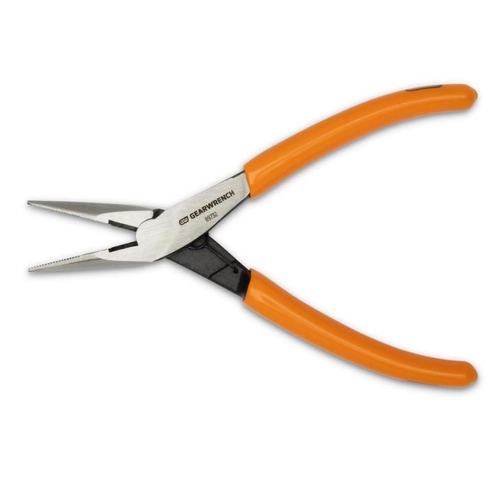 Close-up of GEARWRENCH 89732 Long Nose Pliers, featuring slim, serrated jaws and molten orange handles