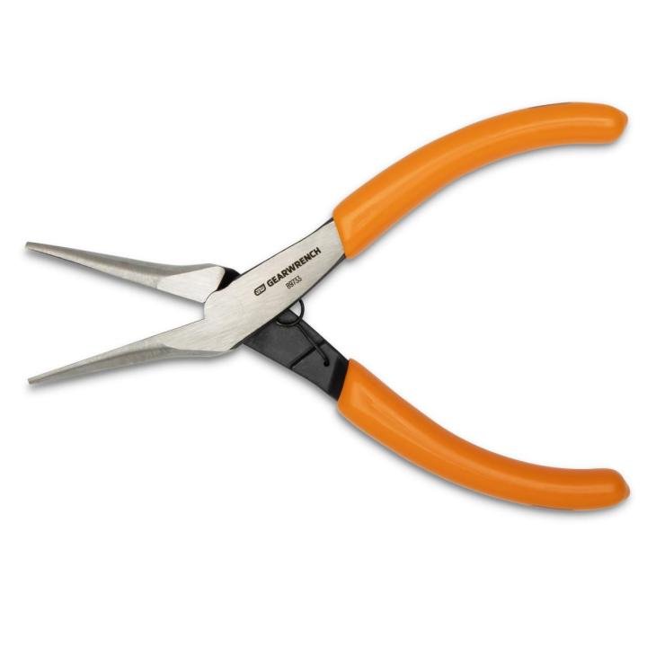 Close-up of GEARWRENCH 89733 Needle Nose Pliers, showcasing long, tapered, serrated jaws with molten orange handles