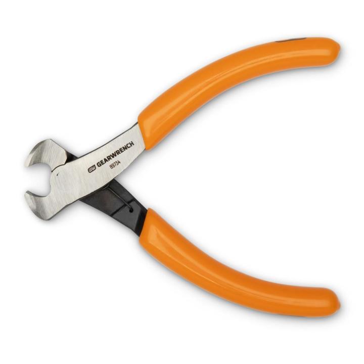 Close-up of the GEARWRENCH 89734 featuring rounded jaws with molten orange handles, perfect for cutting and trimming metal