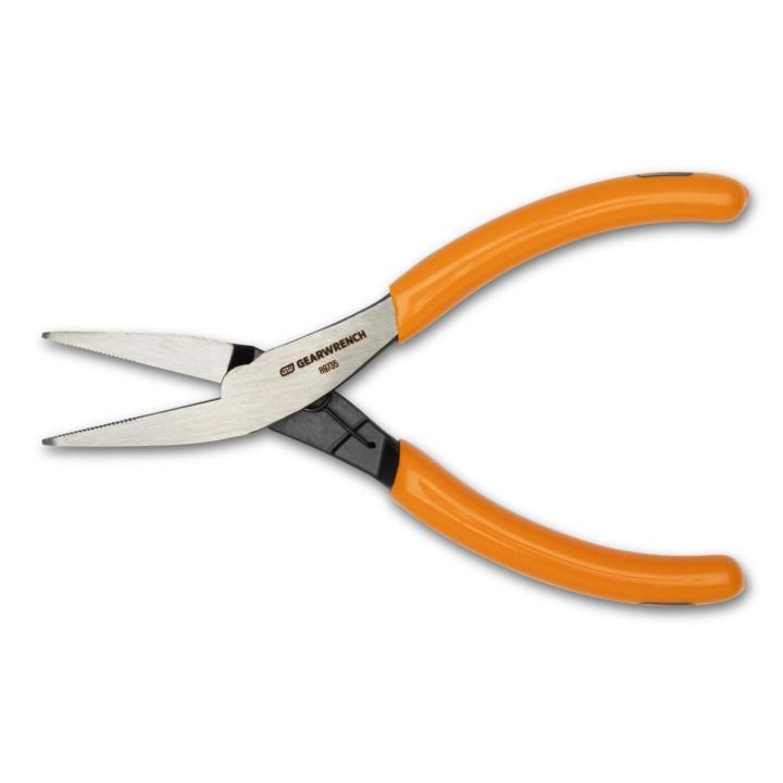 Close-up of the GEARWRENCH 89735 5-1/2" precision mini flat nose plier with molten orange handles