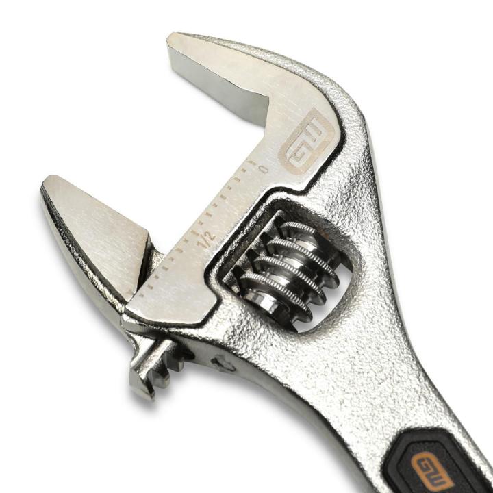 Image of the 6" Chrome Adjustable Wrench a close up of the jaw size scale