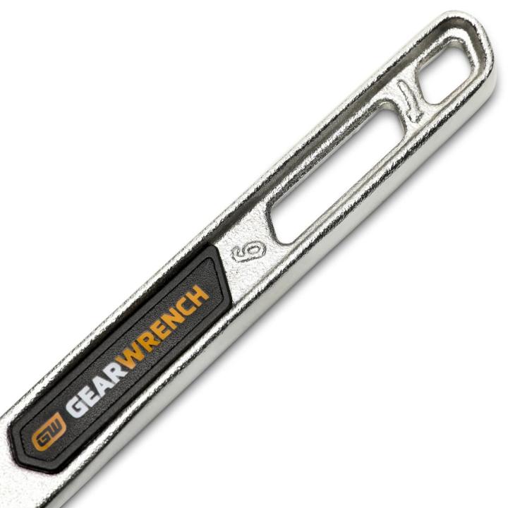 Image of the 6" Chrome Adjustable Wrench showing a close up of the handle with the GEARWRENCH logo on it