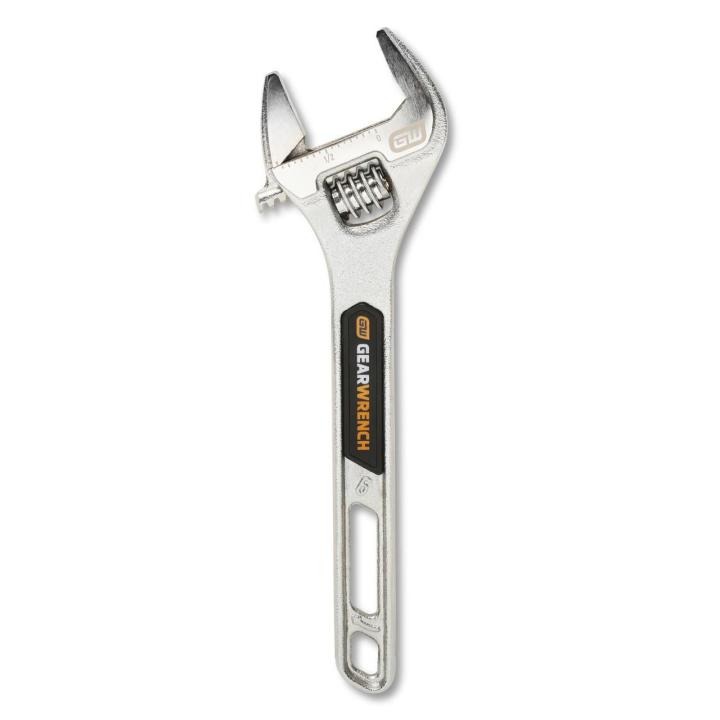 Image of the 6 Chrome Adjustable Wrench with the jaw towards the top of the image and the handle towards the bottom
