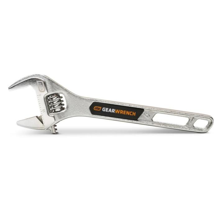 Image of the 6" Chrome Adjustable Wrench on its side with the jaws towards the left side and the handle towards the right side on a white background