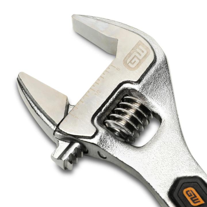 Image of the 8" Chrome Adjustable Wrench a close up of the jaw size scale