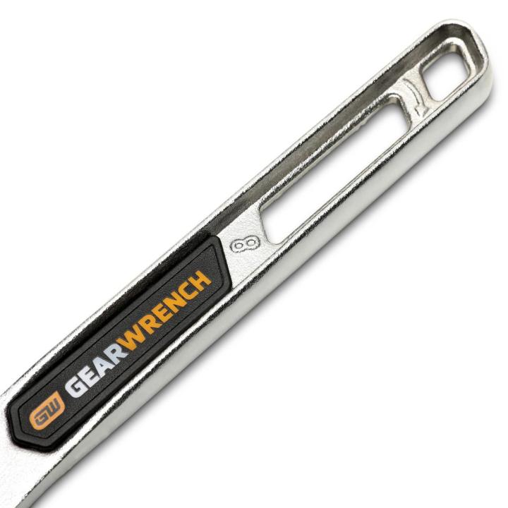 Image of the 8" Chrome Adjustable Wrench showing a close up of the handle with the GEARWRENCH logo on it