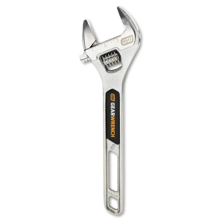 Image of the 8" Chrome Adjustable Wrench with the jaw towards the top of the image and the handle towards the bottom