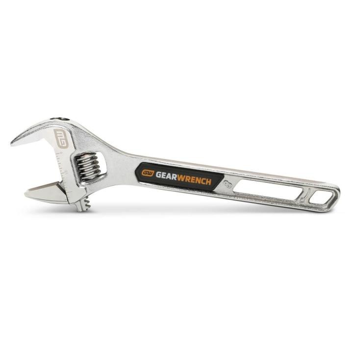 Image of the 8" Chrome Adjustable Wrench on its side with the jaws towards the left side and the handle towards the right side on a white background