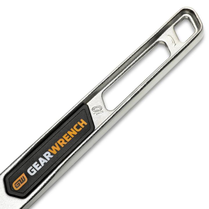 Image of the 10"  Chrome Adjustable Wrench showing a close up of the handle with the GEARWRENCH logo on it
