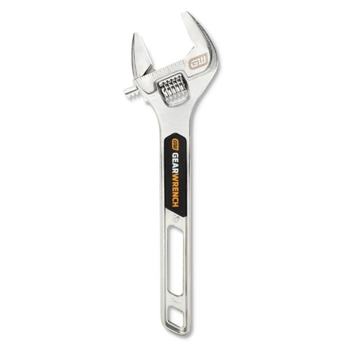Image of the 10" Chrome Adjustable Wrench with the jaw towards the top of the image and the handle towards the bottom