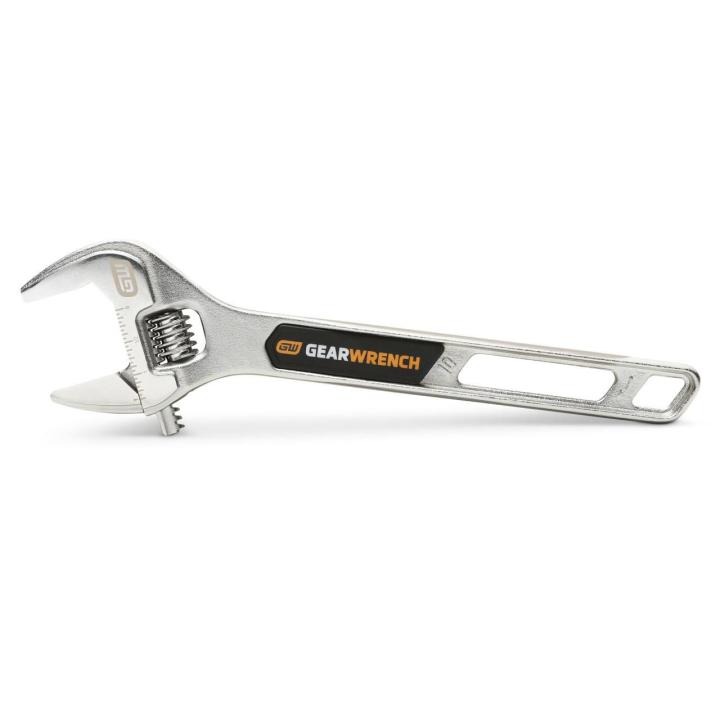 Image of the 10" Chrome Adjustable Wrench on its side with the jaws towards the left side and the handle towards the right side on a white background