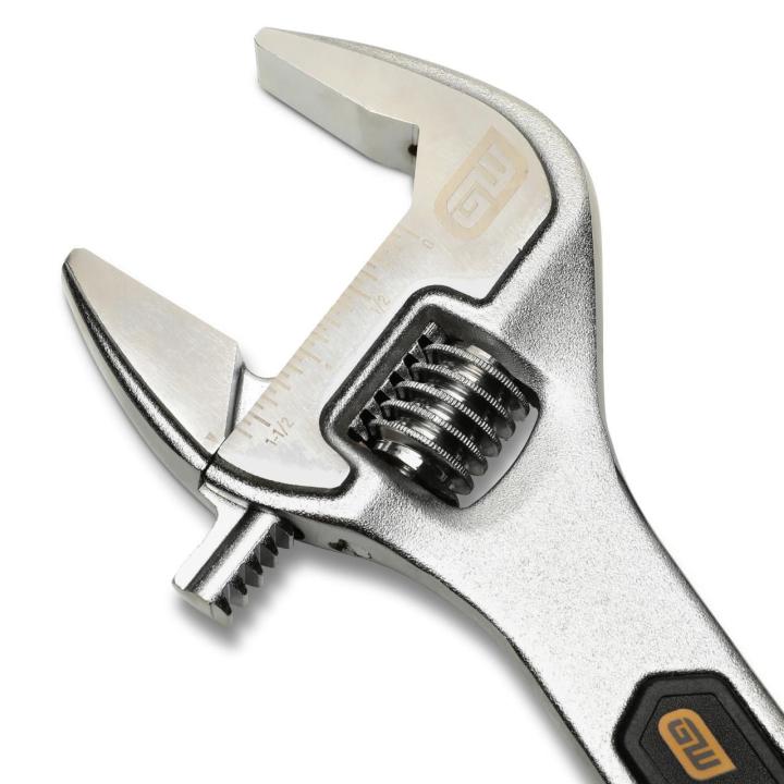 Image of the 12"  Chrome Adjustable Wrench a close up of the jaw size scale