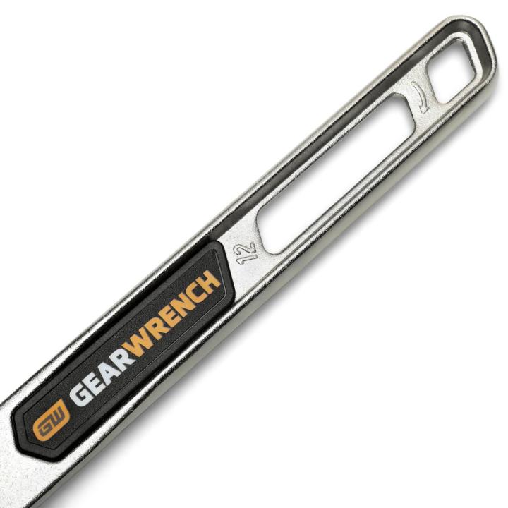 Image of the 12" Chrome Adjustable Wrench showing a close up of the handle with the GEARWRENCH logo on it