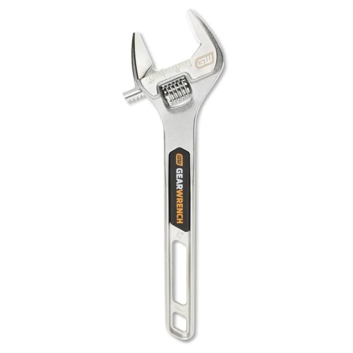 Image of the 12"  Chrome Adjustable Wrench with the jaw towards the top of the image and the handle towards the bottom