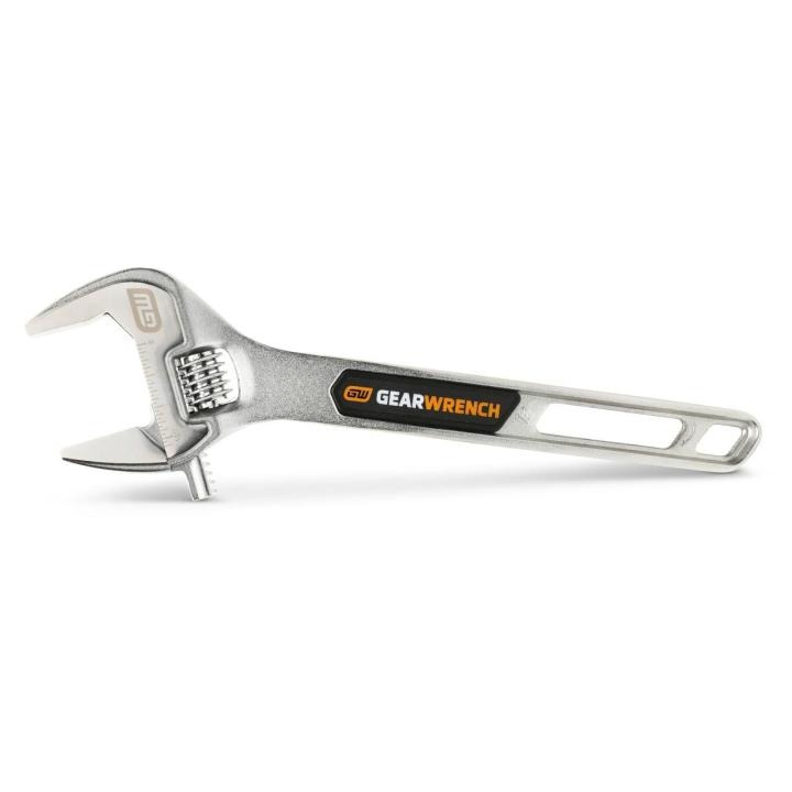 Image of the 12" Chrome Adjustable Wrench on its side with the jaws towards the left side and the handle towards the right side on a white background