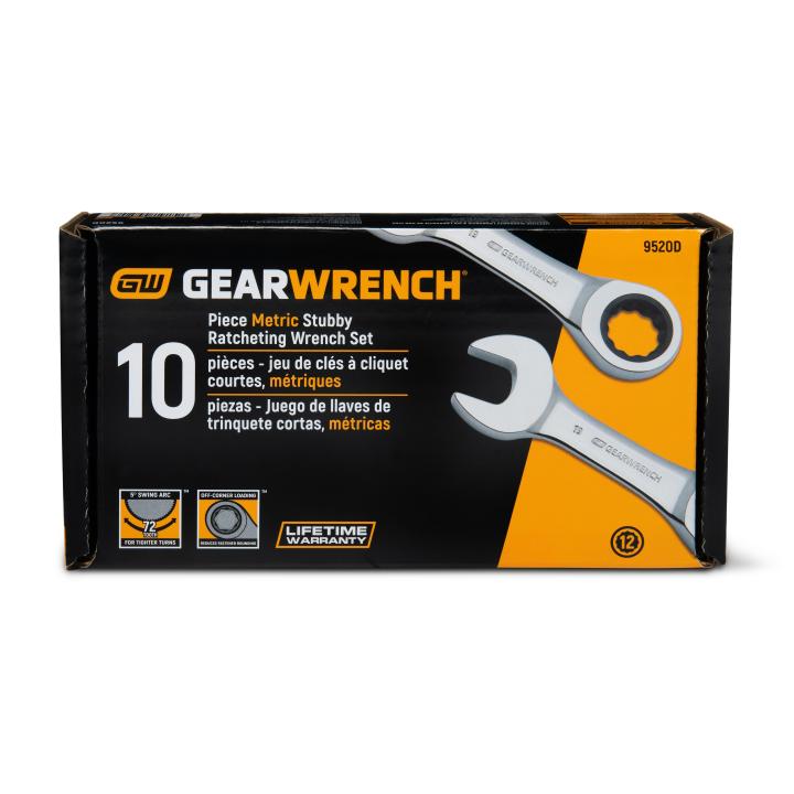 Image of 10 Pc. 72-Tooth 12 Point Metric Stubby Combination Ratcheting Wrench Set - GW