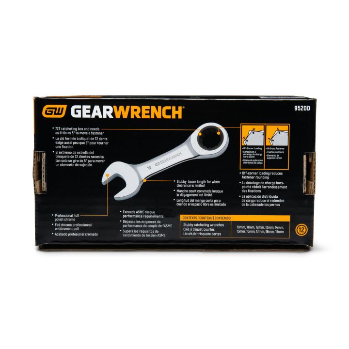 Image of 10 Pc. 72-Tooth 12 Point Metric Stubby Combination Ratcheting Wrench Set - GW