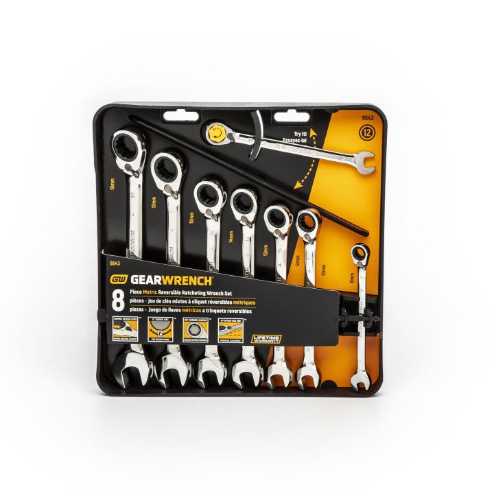 Image of 8 Pc. 72-Tooth 12 Point Metric Reversible Combination Ratcheting Wrench Set - GW