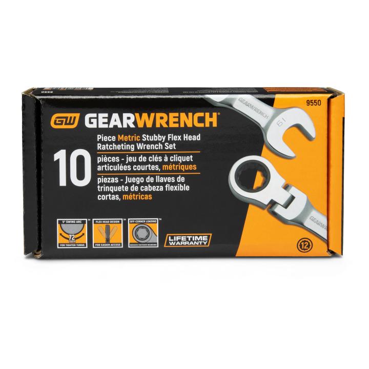 Image of 10 Pc. 72-Tooth 12 Point Metric Stubby Flex Combination Ratcheting Wrench Set - GW