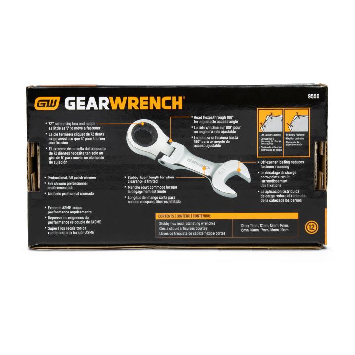 Image of 10 Pc. 72-Tooth 12 Point Metric Stubby Flex Combination Ratcheting Wrench Set - GW