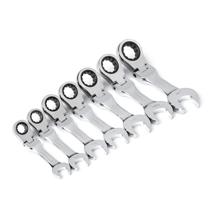 Image of 7 Pc. 72-Tooth 12 Point SAE Stubby Flex Combination Ratcheting Wrench Set - GW