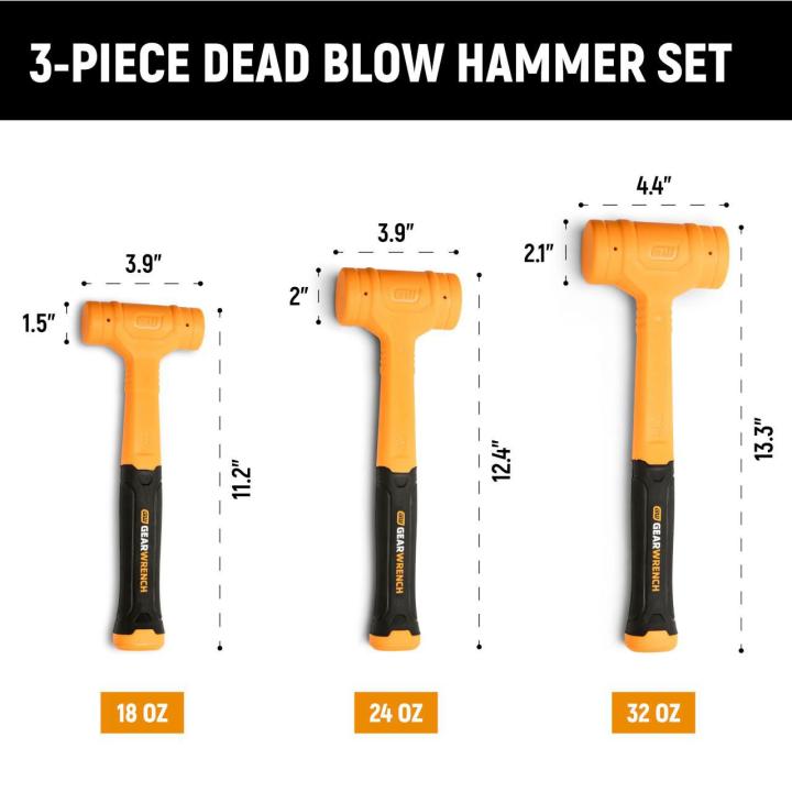 Dimensional  infographic of the 3 Piece Dead Blow Hammer set showing the dimensions of all 3 hammers in the set