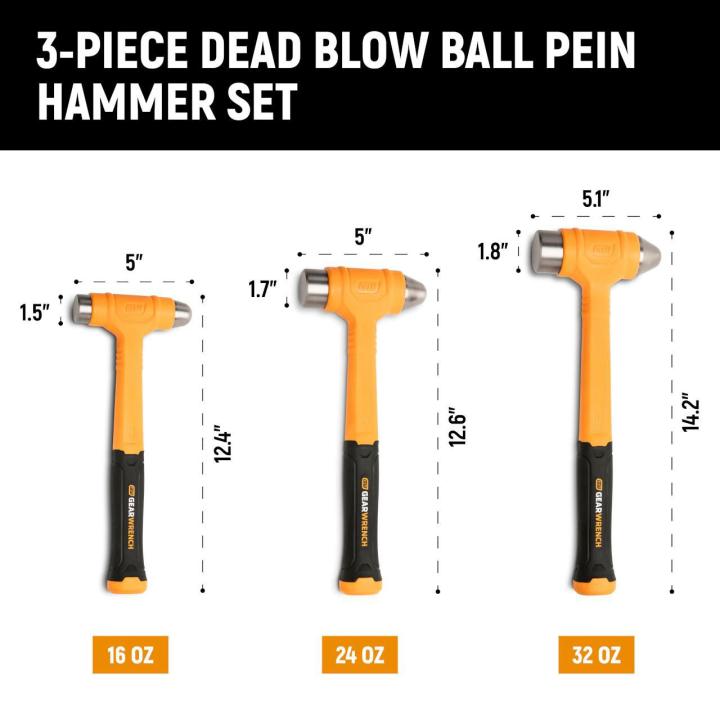 Dimensional infographic of the 3 Piece Dead Blow Ball Pein Hammer Set showing all the dimensions of the hammers in the set
