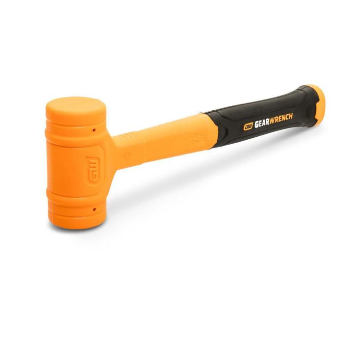Image of the GEARWRENCH  24 oz. Dead Blow Hammer with the hammer resting on one of the heads and  the head on the left side and the black and molten colored handle towards the right