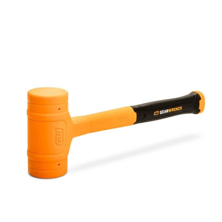 Image of the GEARWRENCH 48 oz. Dead Blow Hammer with the hammer resting on one of the heads and  the head on the left side and the black and molten colored handle towards the right