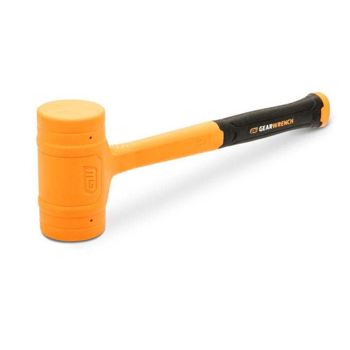 Image of the GEARWRENCH  56 oz. Dead Blow Hammer with the hammer resting on one of the heads and  the head on the left side and the black and molten colored handle towards the right