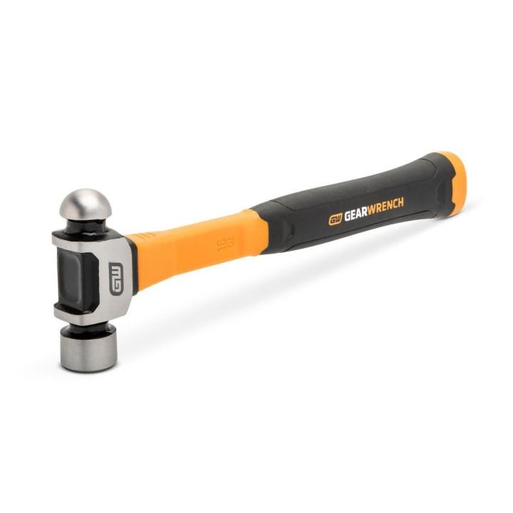 Image of the  GEARWRENCH 16 oz. Ball Pein Hammer with Fiberglass Handle with the ball pein hammer head towards the left side and the black fiberglass handle towards the upper right side