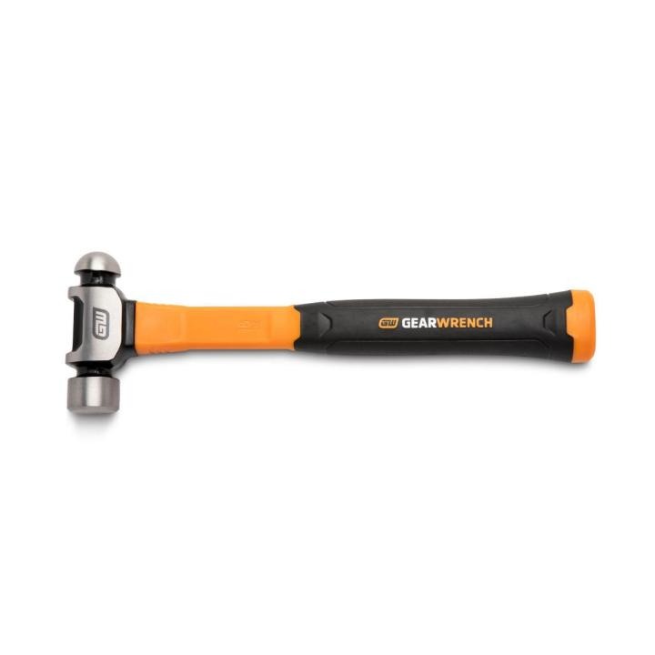 Image of the  GEARWRENCH 16 oz. Ball Pein Hammer with Fiberglass Handle with the hammer head towards the left side and the black handle towards the right side on a white background
