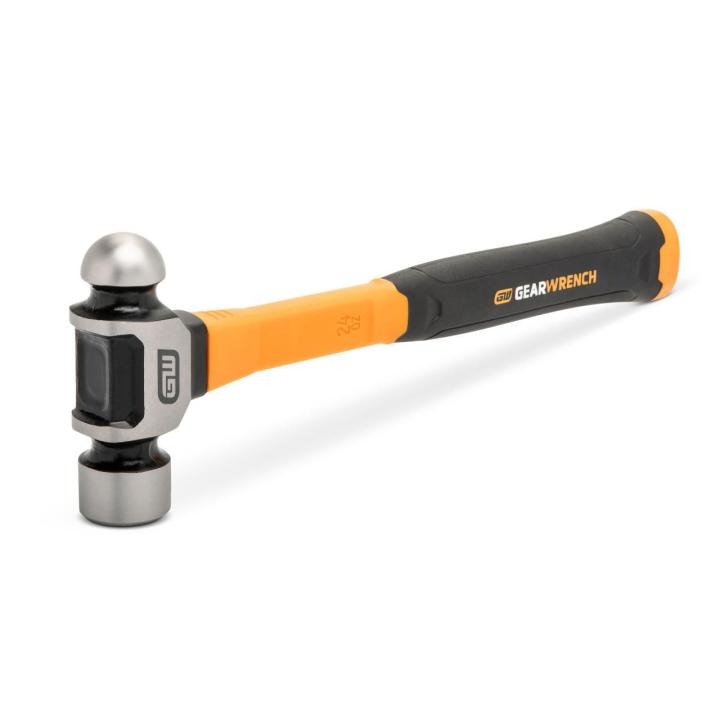 Image of the  GEARWRENCH 24 oz. Ball Pein Hammer with Fiberglass Handle with the ball pein hammer head towards the left side and the black fiberglass handle towards the upper right side