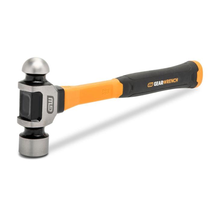 Image of the  GEARWRENCH 32 oz. Ball Pein Hammer with Fiberglass Handle with the ball pein hammer head towards the left side and the black fiberglass handle towards the upper right side