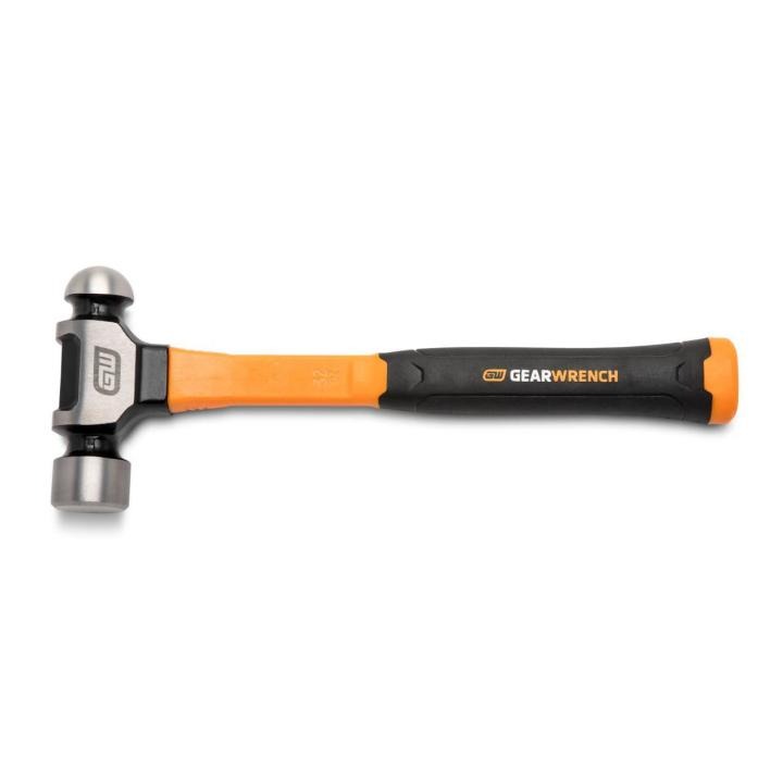 Image of the  GEARWRENCH 32 oz. Ball Pein Hammer with Fiberglass Handle with the hammer head towards the left side and the black handle towards the right side on a white background