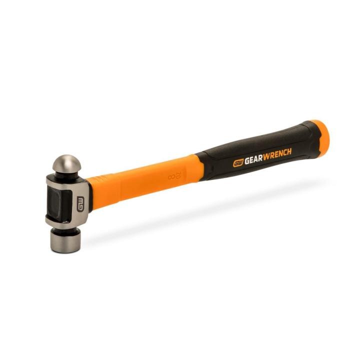 Image of the  GEARWRENCH 8 oz. Ball Pein Hammer with Fiberglass Handle with the ball pein hammer head towards the left side and the black fiberglass handle towards the upper right side