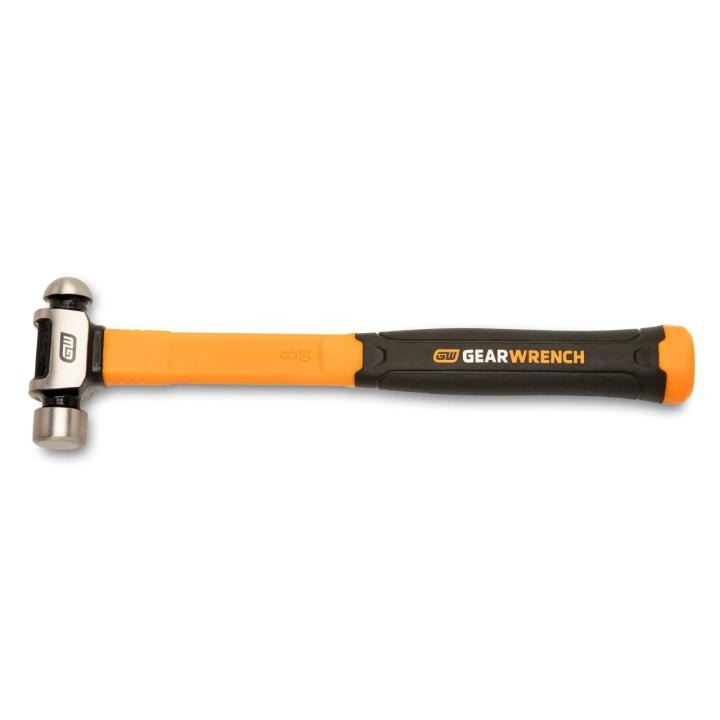 Image of the  GEARWRENCH 8 oz. Ball Pein Hammer with Fiberglass Handle with the hammer head towards the left side and the black handle towards the right side on a white background