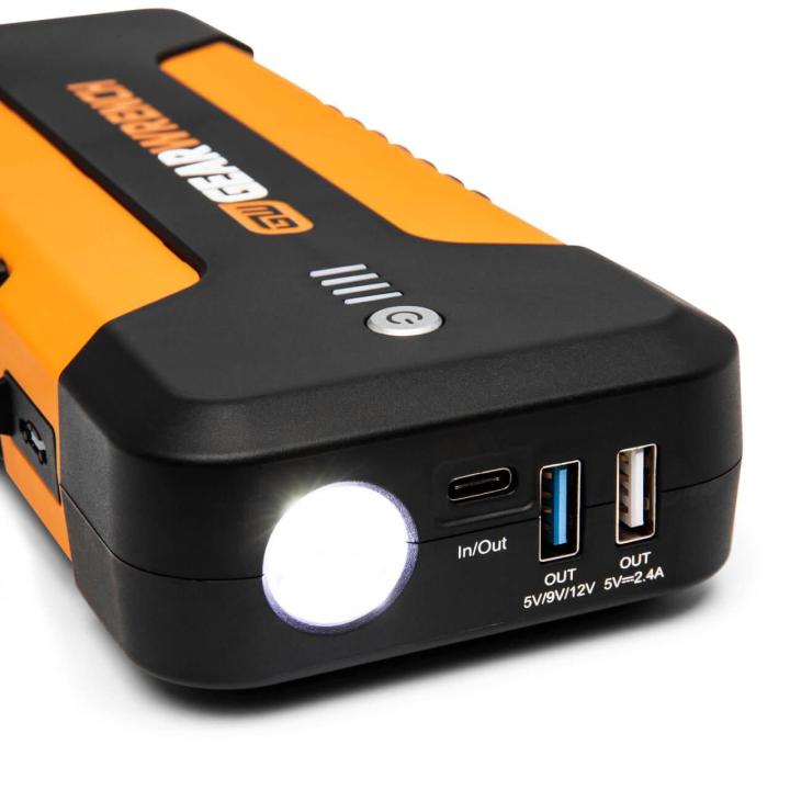Close-up of GEARWRENCH GWLBJ20 battery jumper and power bank showcasing the battery jumpers