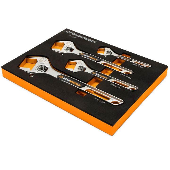 Image of the GWMSAJW01 adjustable wrench tray on an angle with all 4 wrenches in the orange and black tray