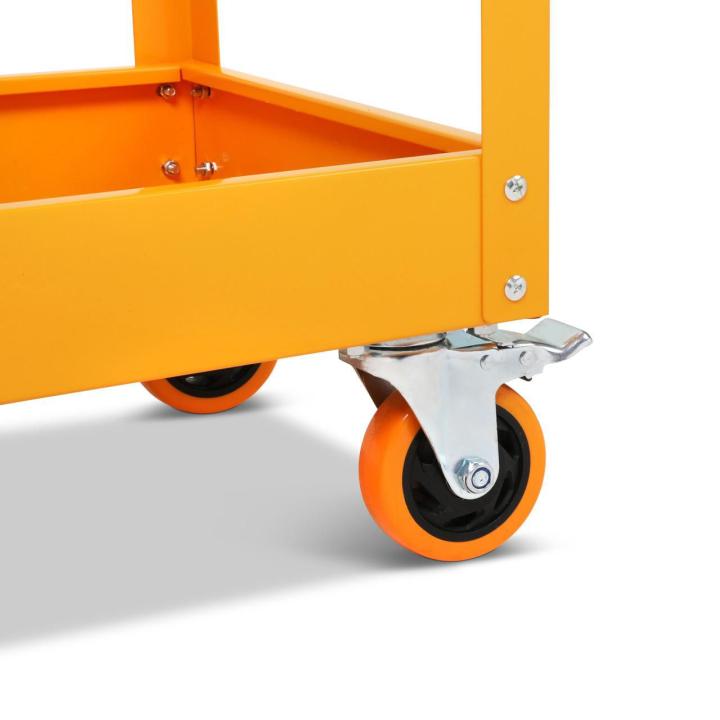 Image of the GWMSC Metal Utility Cart on a white background with a close up view of the cart caster/wheel