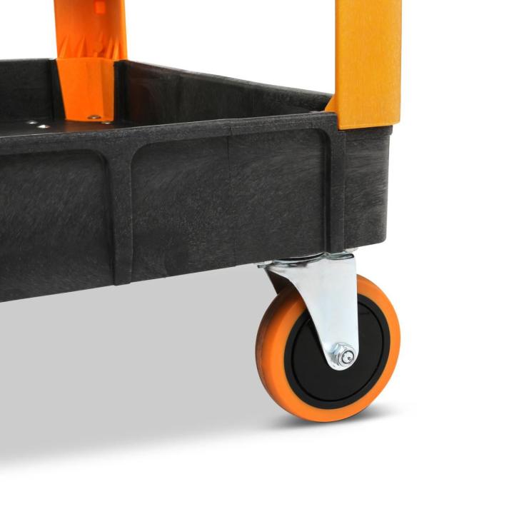 Image of the GWPSCM Heavy Duty Utility Cart on white background showing a close up view of the cart wheel/caster