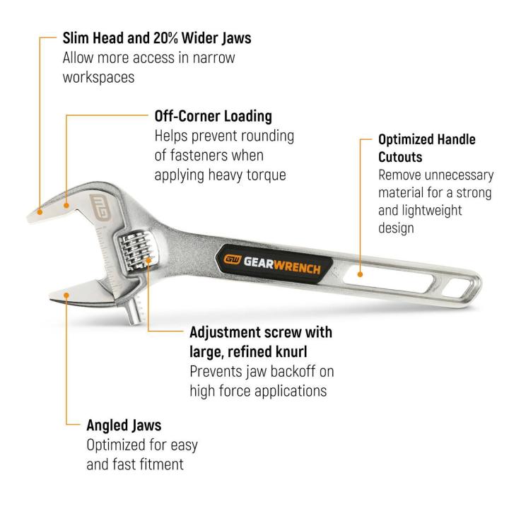 Text on Image for the 12 Chrome Adjustable Wrench explaining it features such as slim head and 20% wider jaws, optimized handle cutouts reducing weight, angled jaws and adjustment screw with large refined knurl.