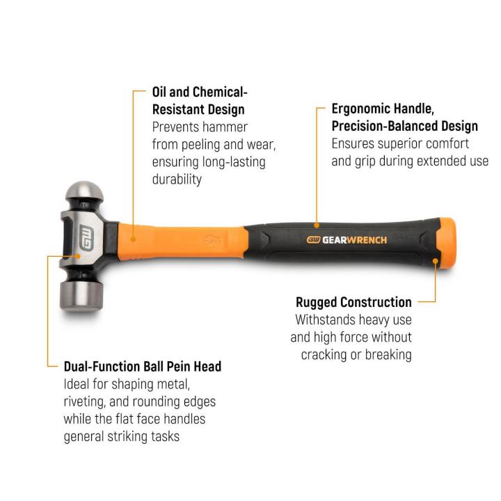 Text on image of the Ball Pein Hammer with Fiberglass Handles showing its features and benefits